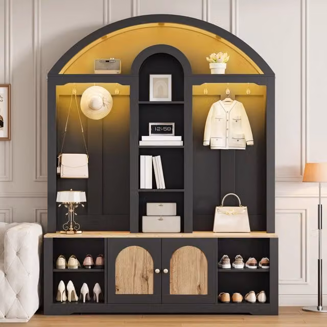 Armadio da ingresso REDOM in MDF nero opaco con ripiani e ganci, L: 150 cm, P: 40 cm, H: 195 cm – 1