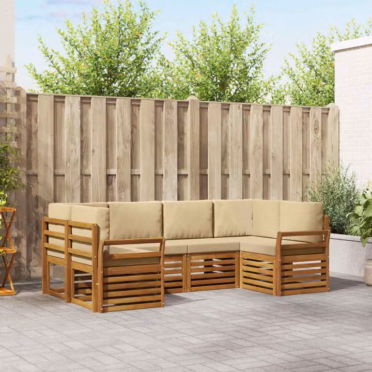 Set di divani da esterno vidaXL a forma di L composto da 6 pezzi in legno di acacia con cuscini beige e marrone