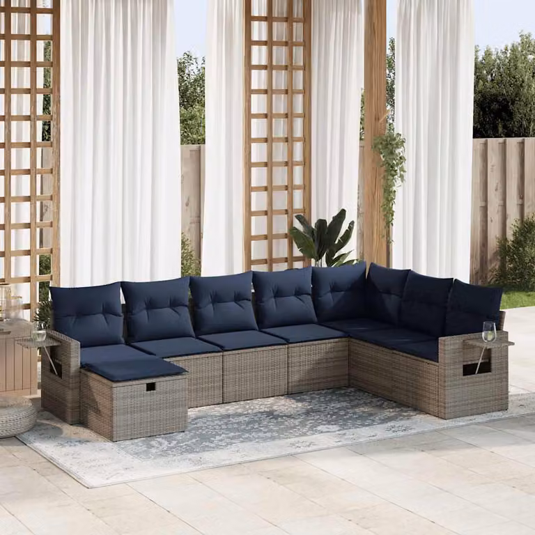 Set Divano da Giardino a L vidaXL 8 pz in Polyrattan con Cuscini Grigio e Blu