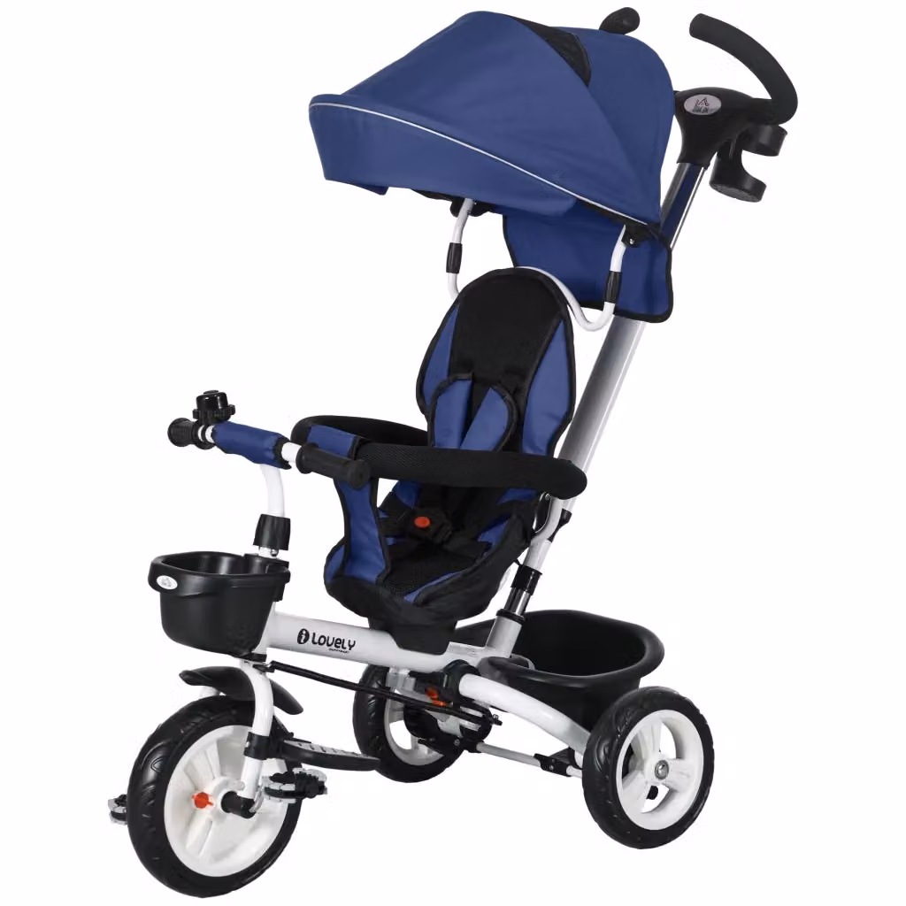 Triciclo 6 in 1 Minimal Blu con Barra di Spinta, Tetto e Cestino – 2