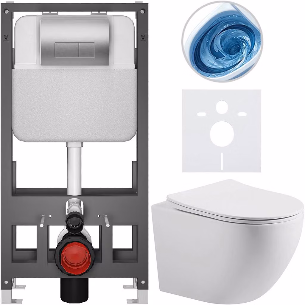 CERANO - Set WC da incasso Cesso - bianco opaco - pulsante Prime/Modulo, argento - a pavimento - installazione a parete/cartongesso - 49x36 cm