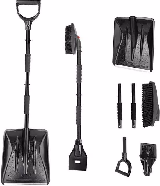 Uniqoos® pala multifunzione 3-in-1 con spazzola rotante a 360°, raschietto per ghiaccio e spazzaneve – smontabile, salvaspazio, manico in acciaio inossidabile con impugnatura antiscivolo in schiuma