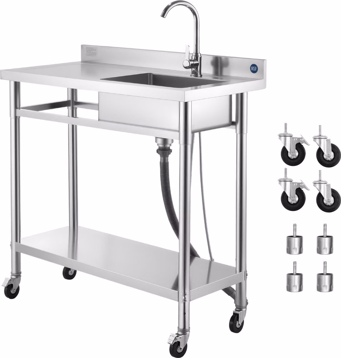 SucceBuy Lavello in acciaio inox (1000 x 500 x 1055 mm), vasca singola con rubinetto e ruote, lavello da cucina per garage, ristorante, lavanderia, lavello da esterno con piano di lavoro (sinistra)