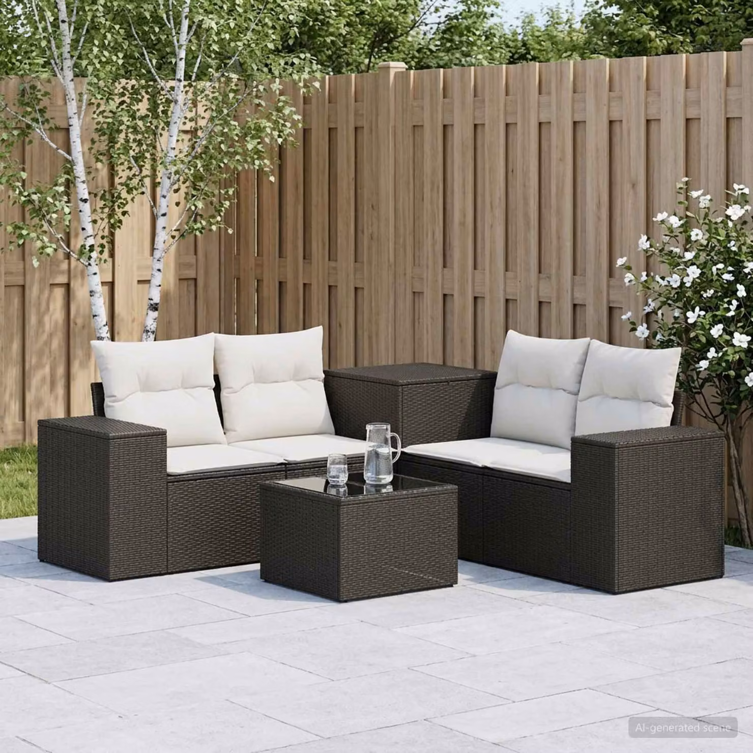 Set di divani da giardino vidaXL in polyrattan nero e bianco crema con cuscini e tavolino da esterno a forma di L