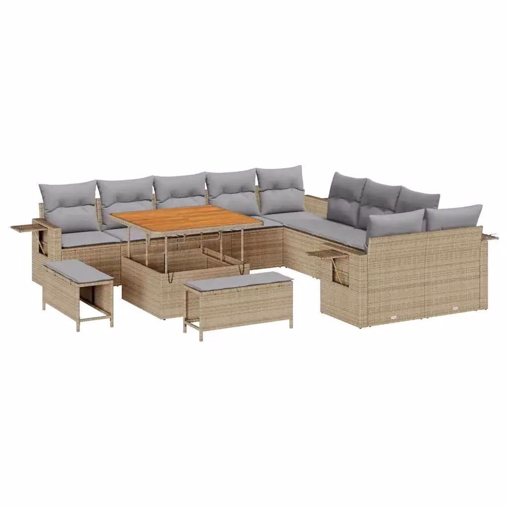 Set Divano da Giardino vidaXL a forma a U composto da 13 pezzi in Polyrattan Beige con Cuscini e Tavolino – 2