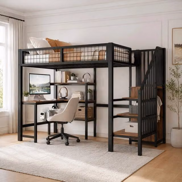 Letto a soppalco 90x200 cm in metallo con scrivania, scaffali e armadio integrato, colore nero