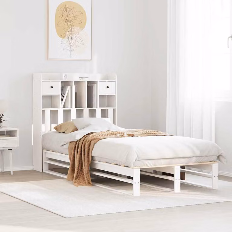 vidaXL Letto Libreria in Legno di Pino Bianco con Ripiani Laterali L/P/H: 223 x 90 x 110 cm