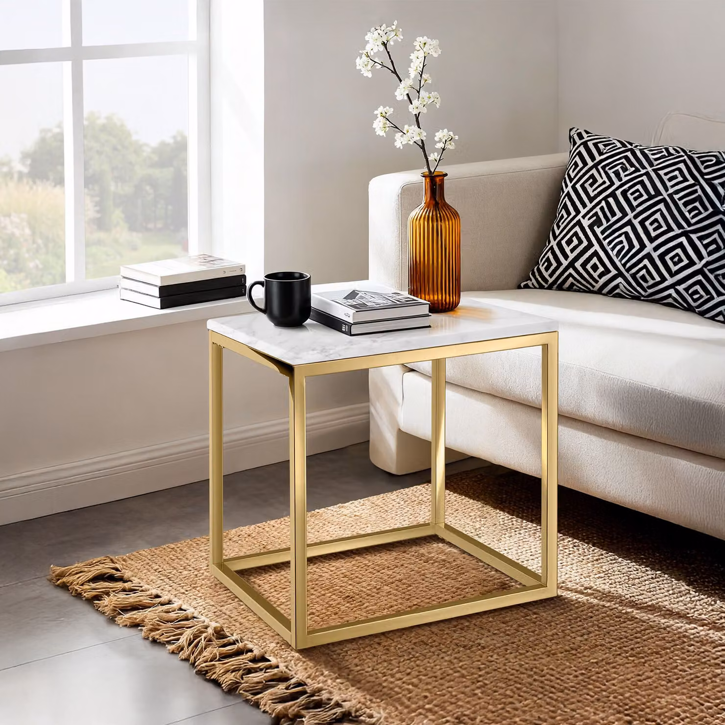 Tavolino da salotto quadrato Tectake Alysia con effetto marmo, bianco e oro, L: 45 cm, P: 45 cm, H: 45 cm – 3