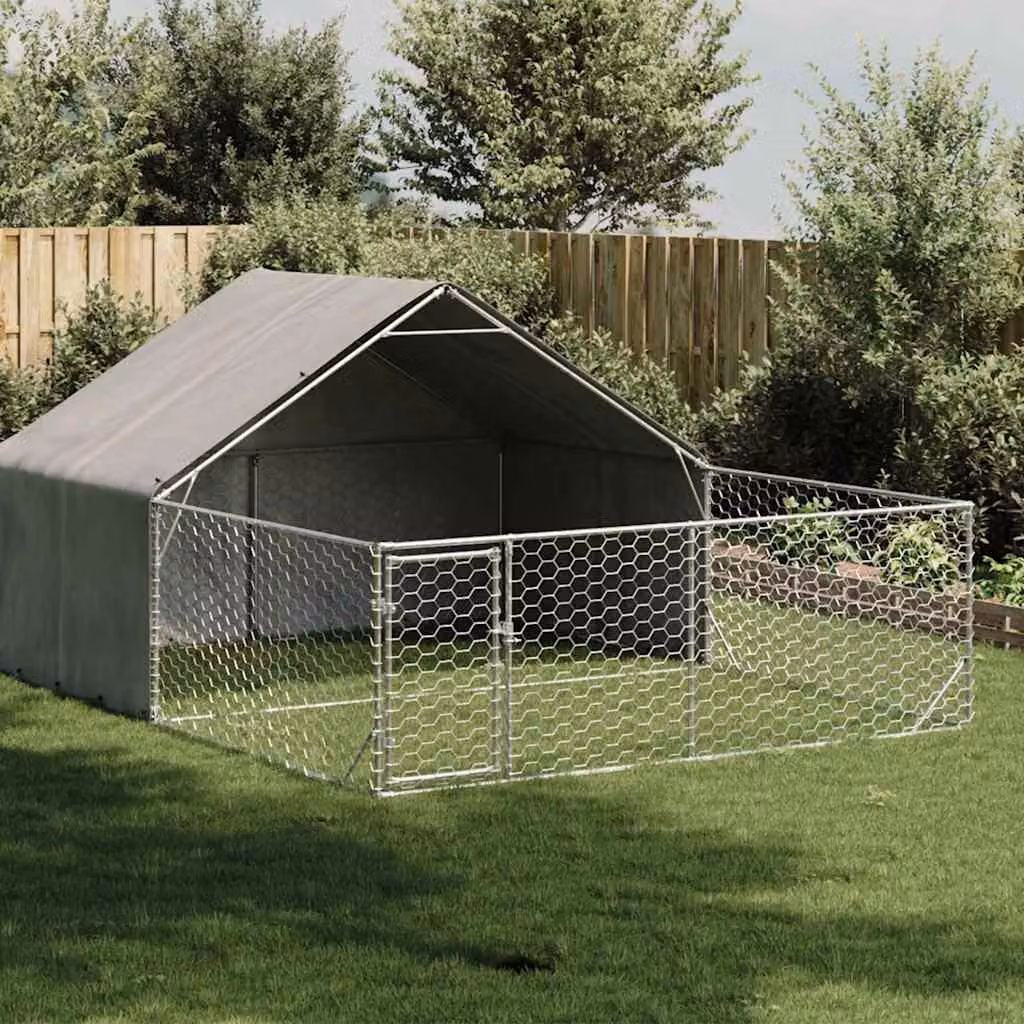 vidaXL Cuccia per Cani da Esterno con Recinto in Acciaio Zincato Grigio L: 5 m, P: 3 m, H: 1,9 m