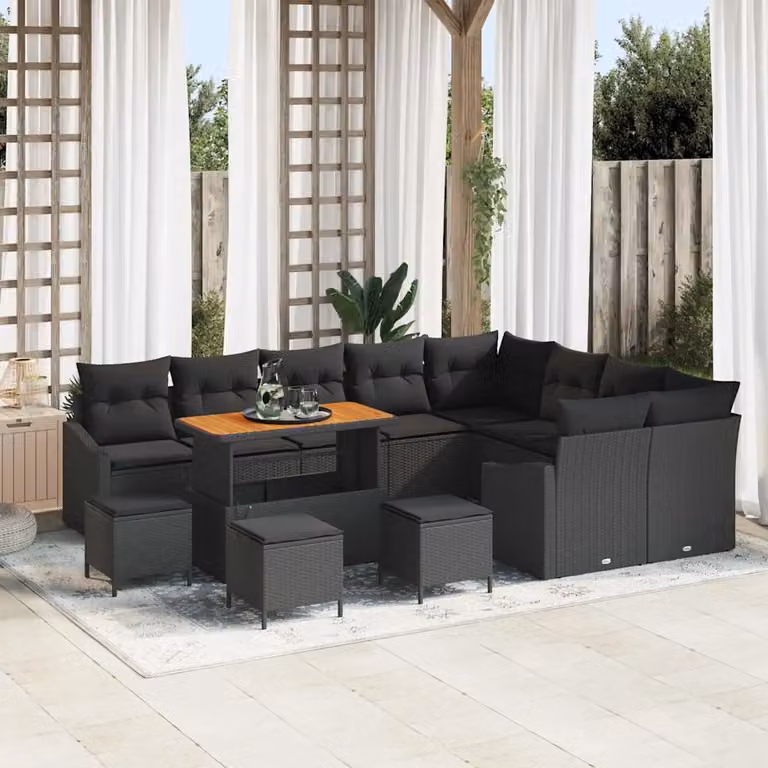Set Divano da Giardino vidaXL 13 Pezzi a Forma di U con Tavolino, Ottoman e Cuscini, Colore Nero