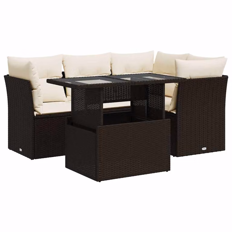 Set Divano da Giardino 5 pz con Cuscini Marrone in Polyrattan
