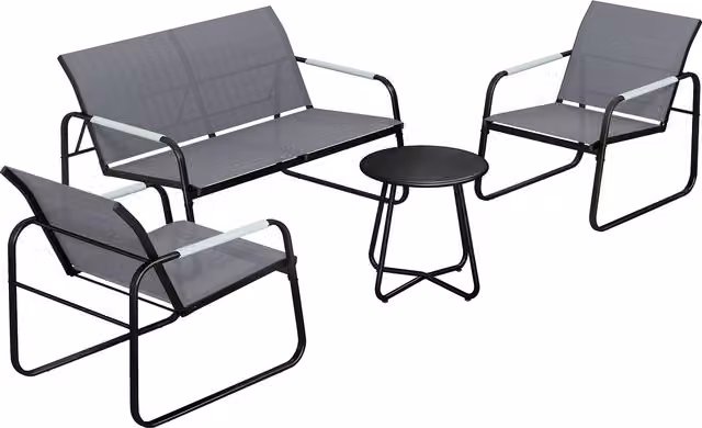 Set Mobili da Giardino Outsunny per 4 Persone con Divano a 2 Posti, 2 Poltrone e Tavolino Rotondo, Colore Grigio con Struttura in Metallo e Tessuto Traspirante Textilene – 1