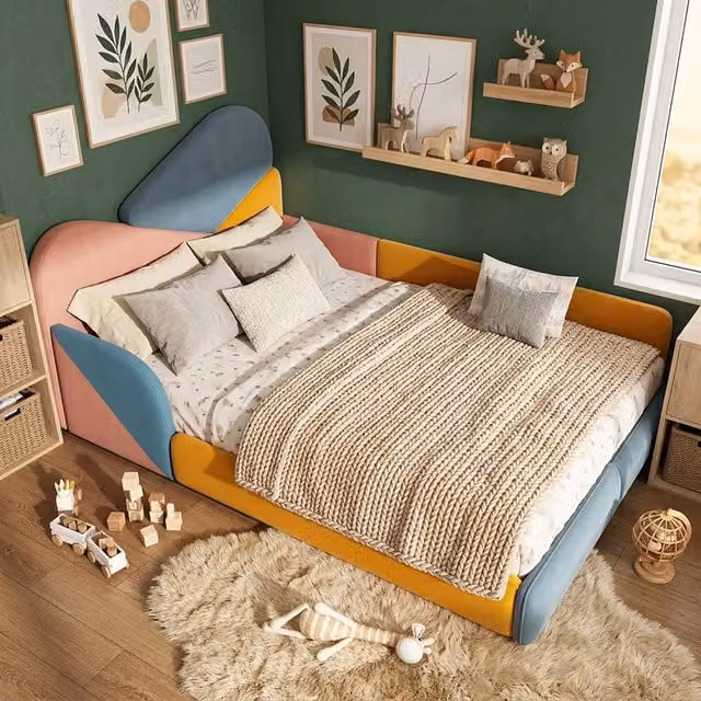 Letto imbottito per bambini 140x200 cm multicolore con protezione laterale rialzata, testiera imbottita e antirutto per cameretta