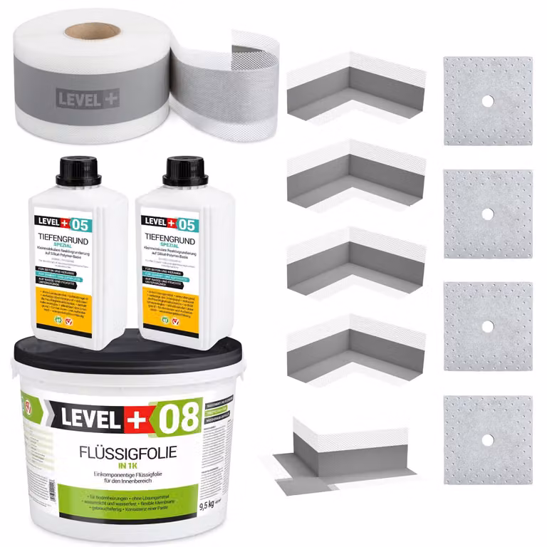 Kit di impermeabilizzazione Pellicola liquida 9,5 kg Nastro sigillante 15mb Primer 2L Level+ SET104