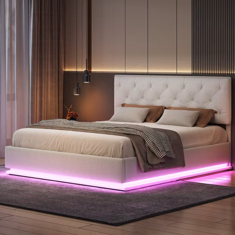Letto imbottito Fortuna Lai 160x200cm letto matrimoniale contenitore, letto contenitore sollevabile idraulicamente, letto funzionale, con illuminazione LED e rete a doghe, colore crema