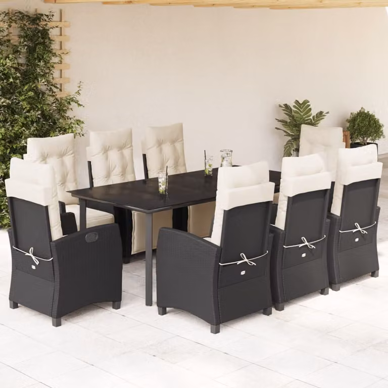 Set da pranzo da giardino vidaXL in polyrattan nero con 9 pezzi e cuscini