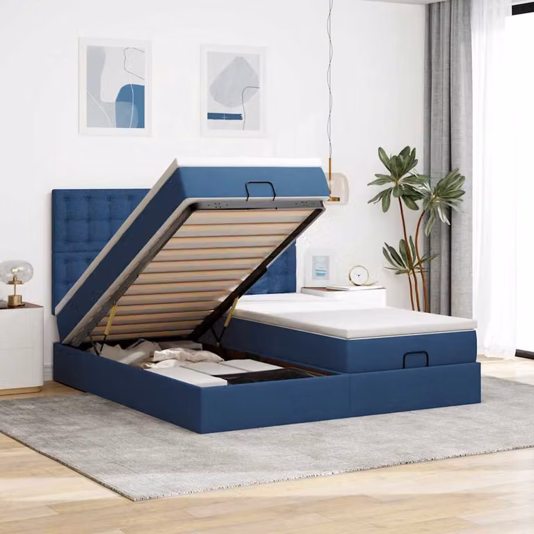 vidaXL Struttura Letto con Contenitore a Sollevamento e Materasso in Tessuto Blu e Bianco L: 180 cm, P: 200 cm, H: 128 cm