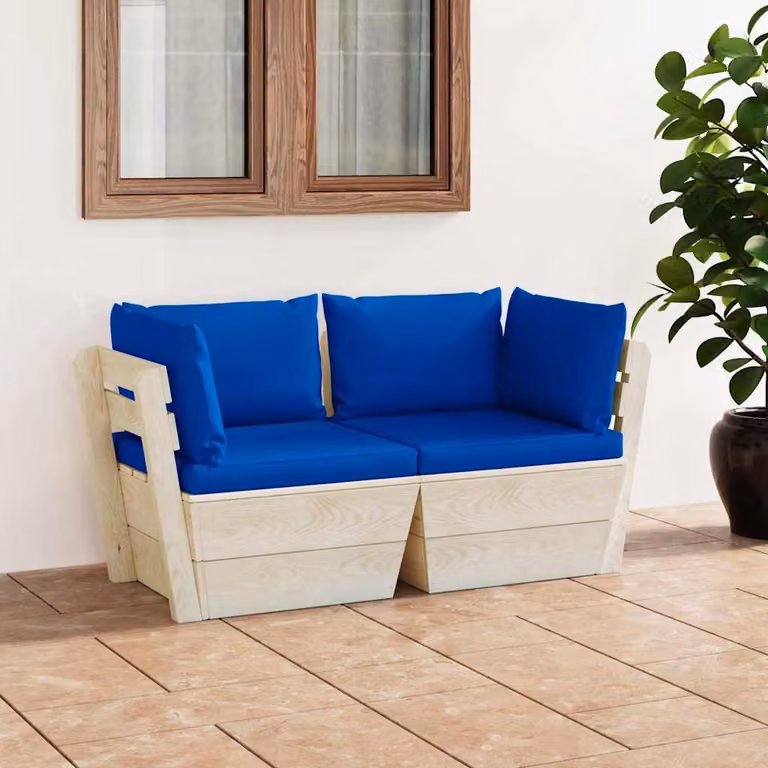 vidaXL Divano da Giardino a 2 Posti su Pallet in Legno di Abete con Cuscini Blu