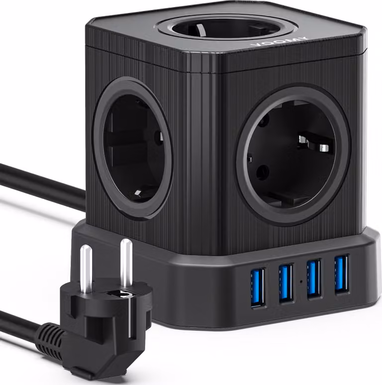 VOOMY Cubo di prese di corrente 9 in 1 con USB - Spina a 5 vie e 4 USB - Presa multipla con cavo da 2M e interruttore - Ciabatta elettrica con protezione da sovratensione - Powercube da 2500W - Nero