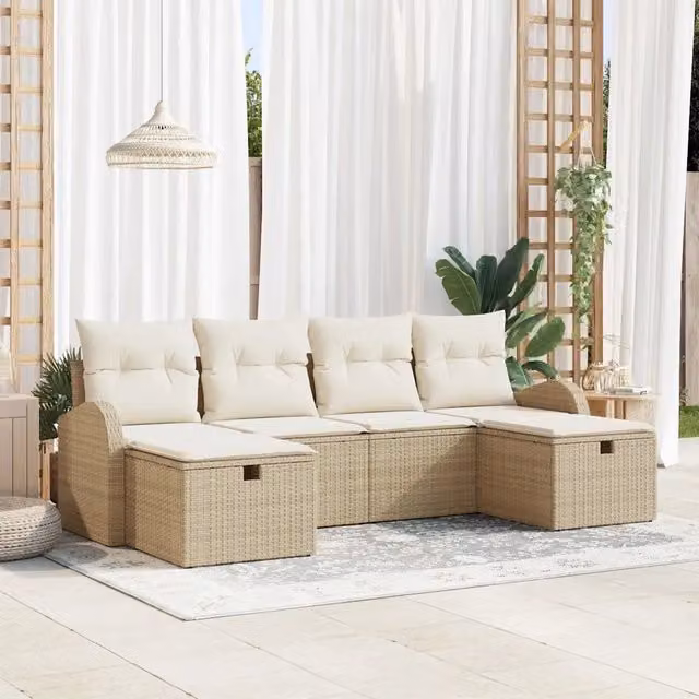 Set di divani da giardino a L vidaXL in rattan con cuscini beige e bianco