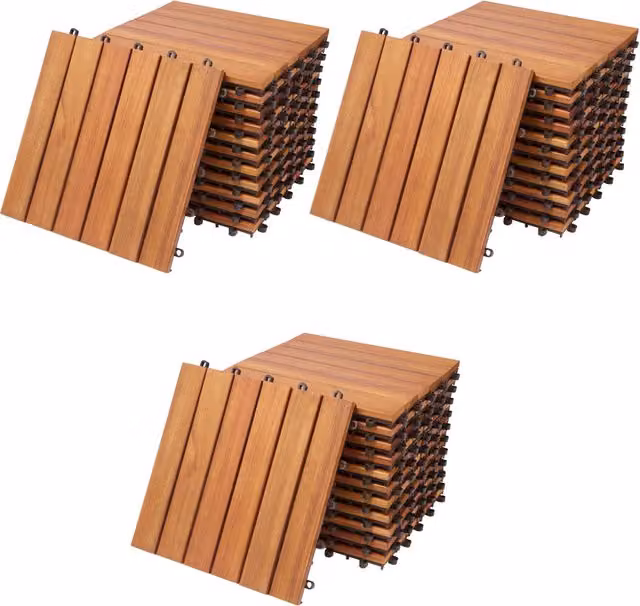 Set di 33 piastrelle da giardino Deuba in legno di eucalipto marrone con sistema click con incastro
