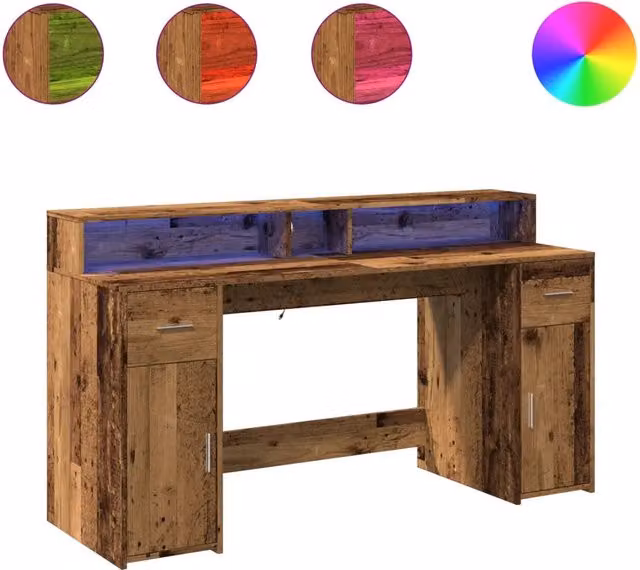Scrivania | Tavolo da Ufficio con Luci LED Legno Antico 160x55x91 cm in Multistrato