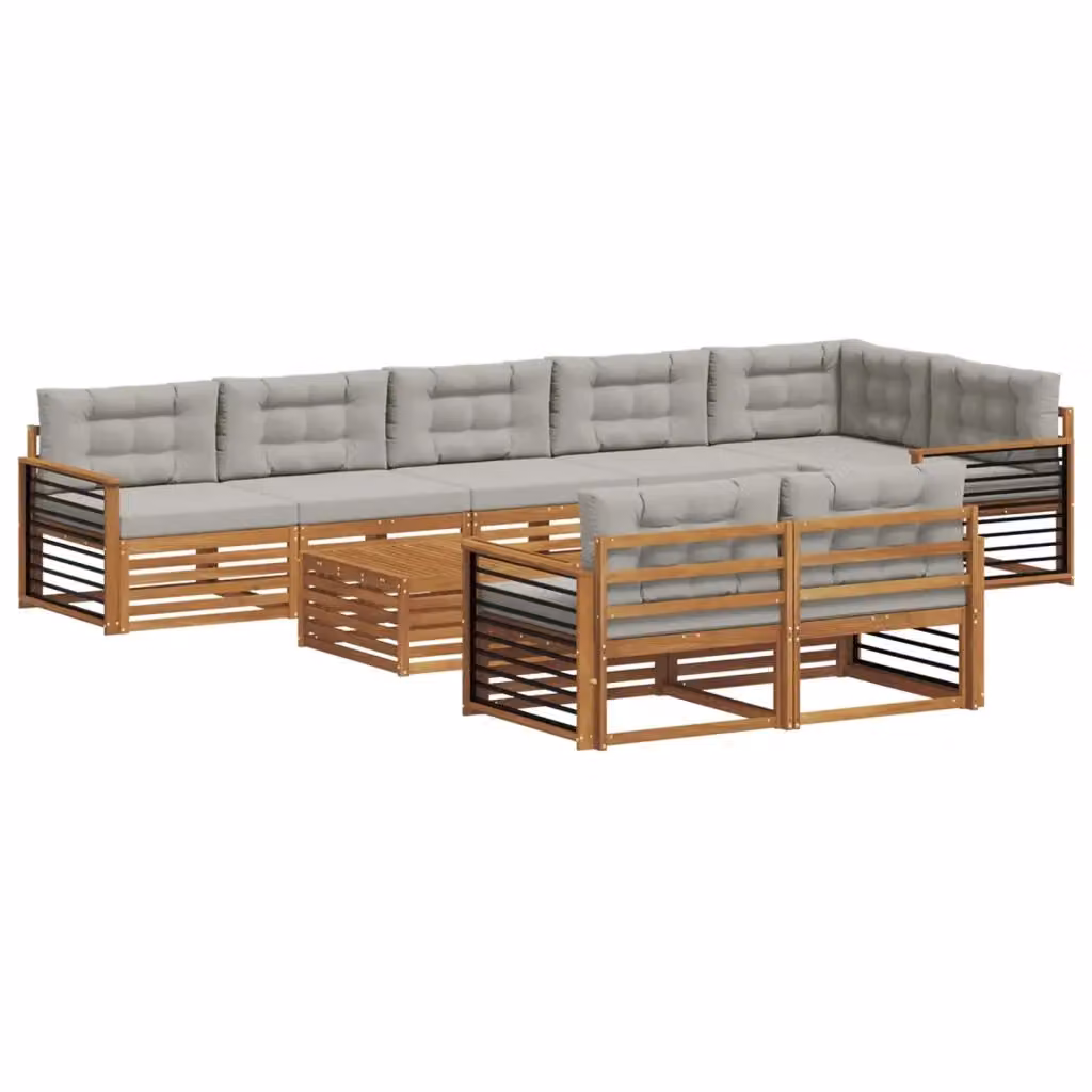 Set di divani da esterno a L con tavolino da caffè vidaXL, 9 pezzi, in legno di acacia e tessuto grigio – 2