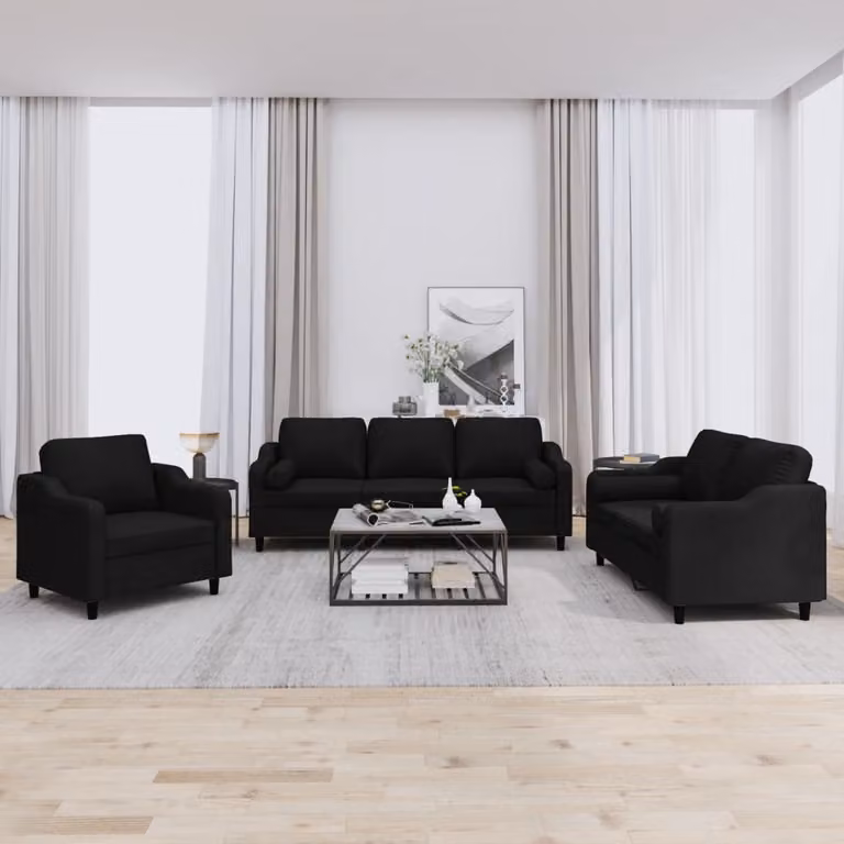 Set di divani 3 pezzi vidaXL in tessuto nero con cuscini per soggiorno moderno