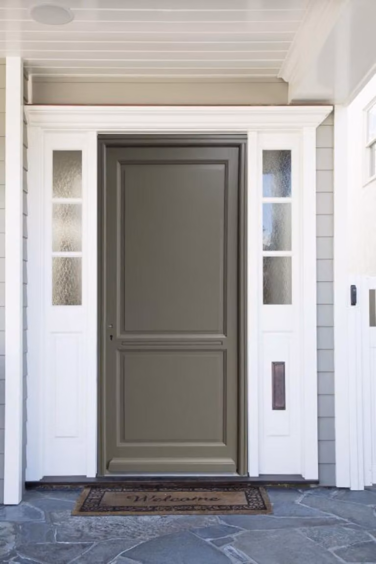 Porta d'ingresso in legno piena Elixir, verde grigio oliva, H.215xL.90 cm, lato tavolo, a destra GD MENUISERIES