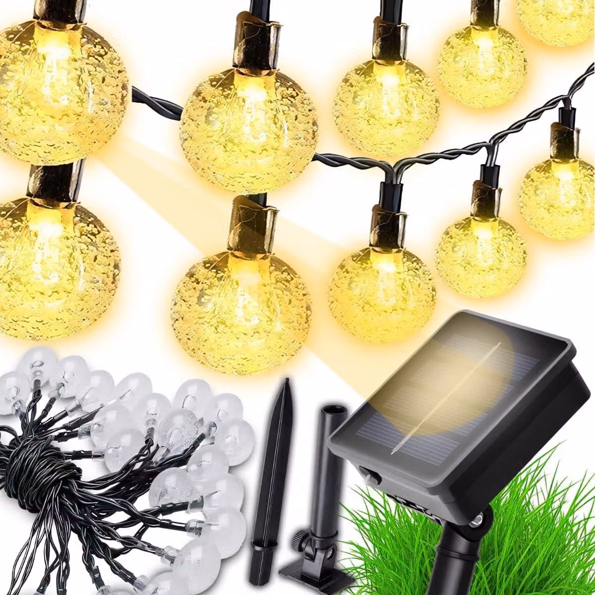 Catena luminosa solare, 10 metri, luce bianco caldo, 100 LED, grado di protezione IP44, 3 modalità