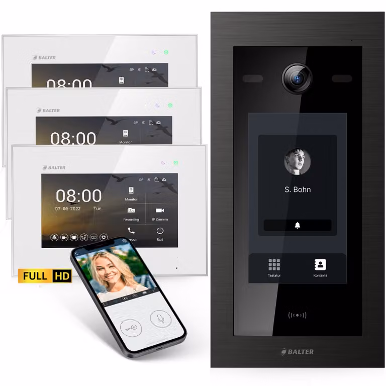 Videocitofono Balter EVO-HD con touchscreen nero, app, casa 1 famiglia, 3x monitor 7 pollici, campanello con telecamera full HD, bus 2 fili