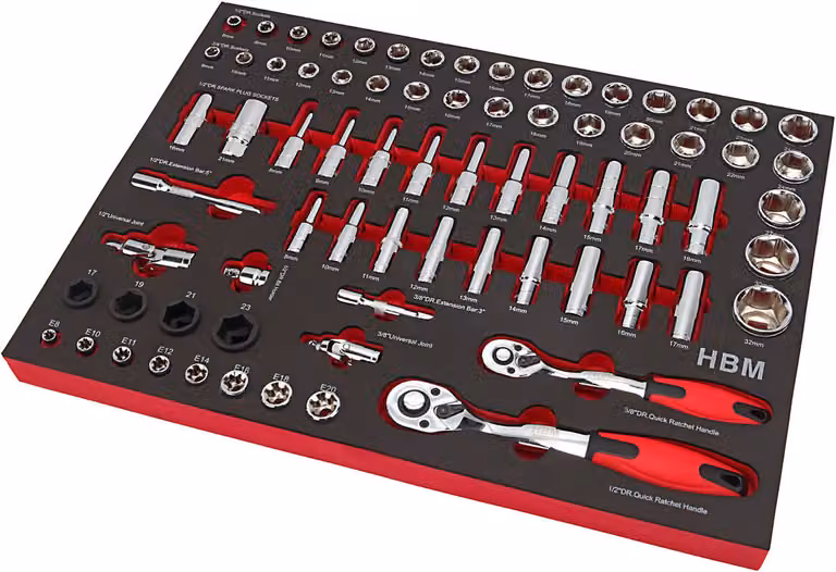 Set professionale da 74 pezzi, con chiavi da 3/8" e 1/2", completo di inserti in schiuma per cassettiere portautensili