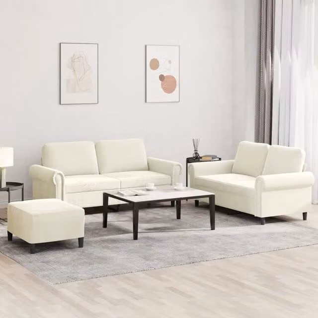 Set di 3 divani vidaXL in velluto beige e bianco con cuscini per soggiorno in stile moderno