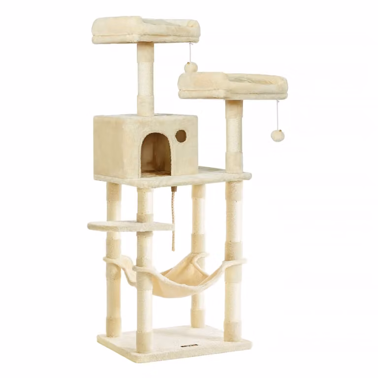 Albero per Gatti con Pali Graffiatoi Posatoi Grotta Amaca Pompon, Beige