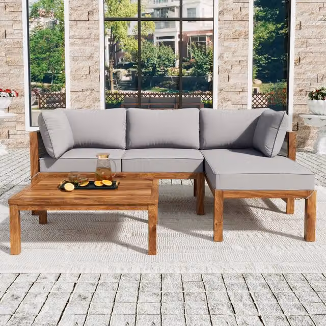 Set Divano da Giardino 3 Pezzi con Tavolo ¨C MINIMAL ¨C Polyrattan e Acacia, Grigio