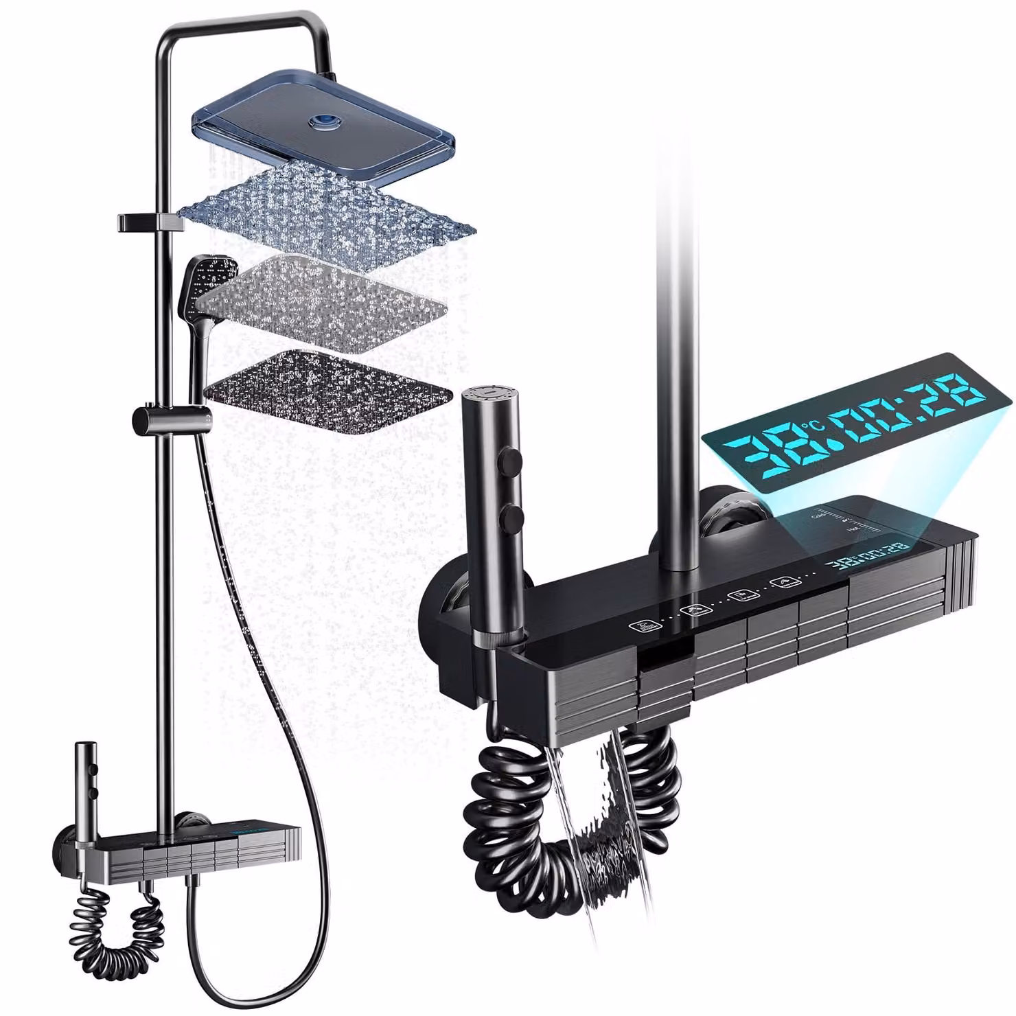 Rubinetto doccia con soffione a pioggia - Illuminazione d'ambiente LED - Lega di alluminio - Nero