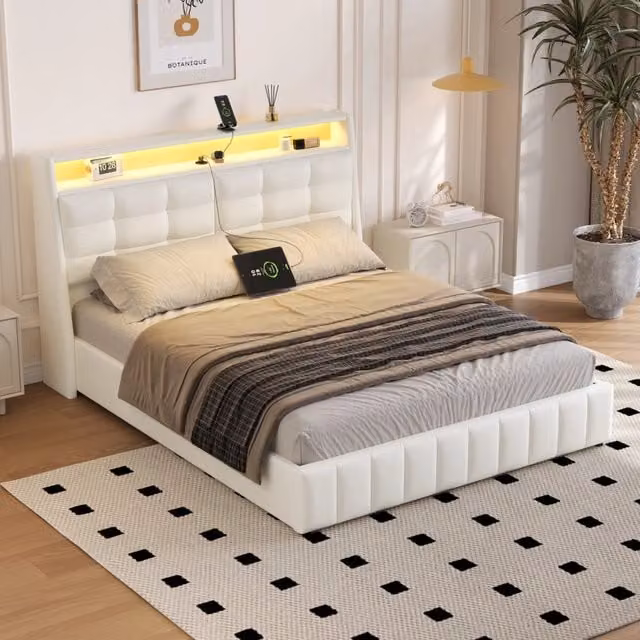 Letto matrimoniale a piattaforma 160 × 200 cm imbottito con LED USB vano contenitore testiera regolabile bianco