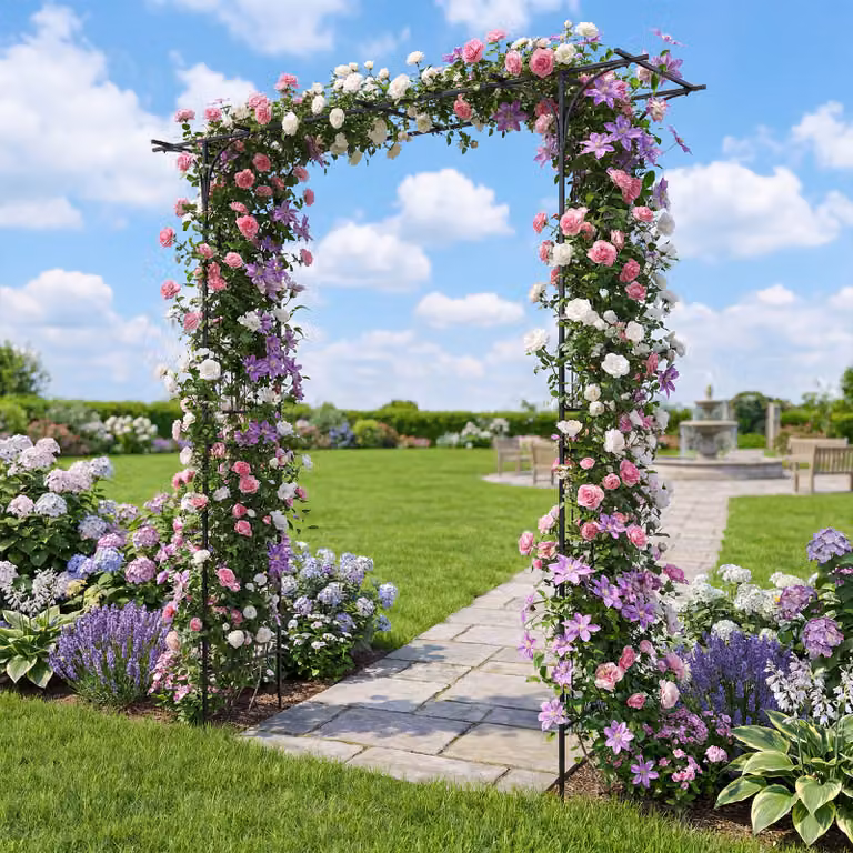 Arco da giardino Costway in metallo nero con tetto piatto e traforo decorativo, traliccio ornamentale per piante rampicanti e decorazioni esterne
