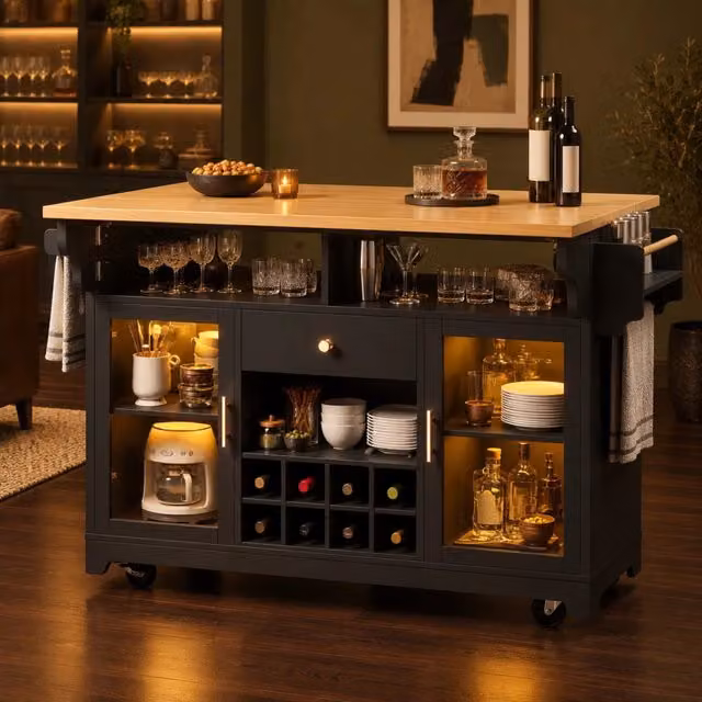 Carrello da cucina mobile con illuminazione LED RGB, ripiani regolabili, piano d'appoggio ribaltabile e portabottiglie, altezza ergonomica 95 cm, nero