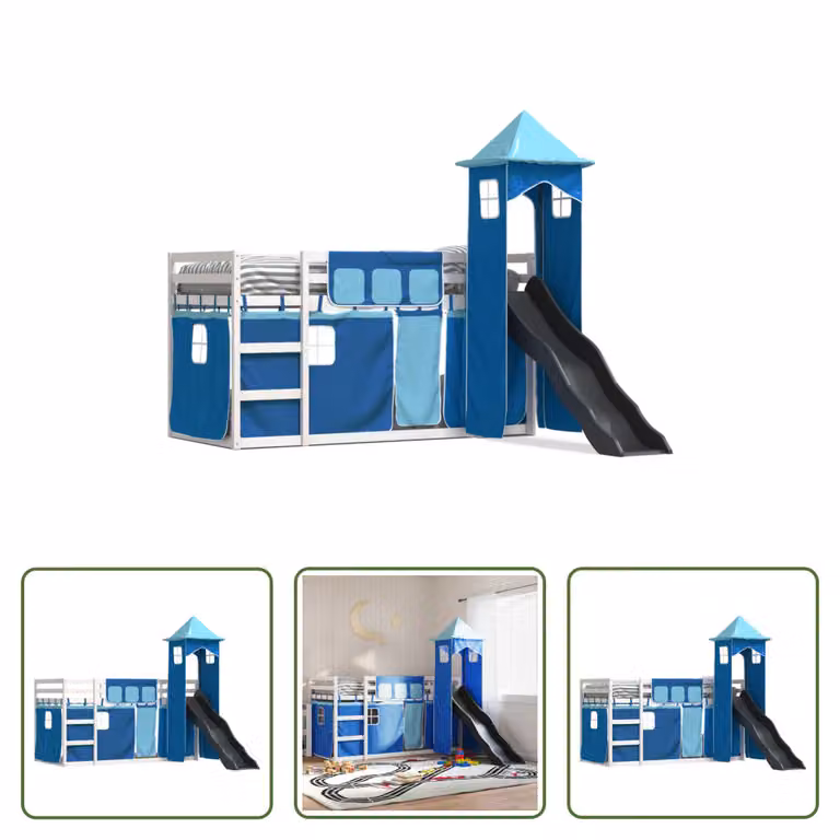 The Living Store Letto a castello con scivolo e tende blu 90x200 cm