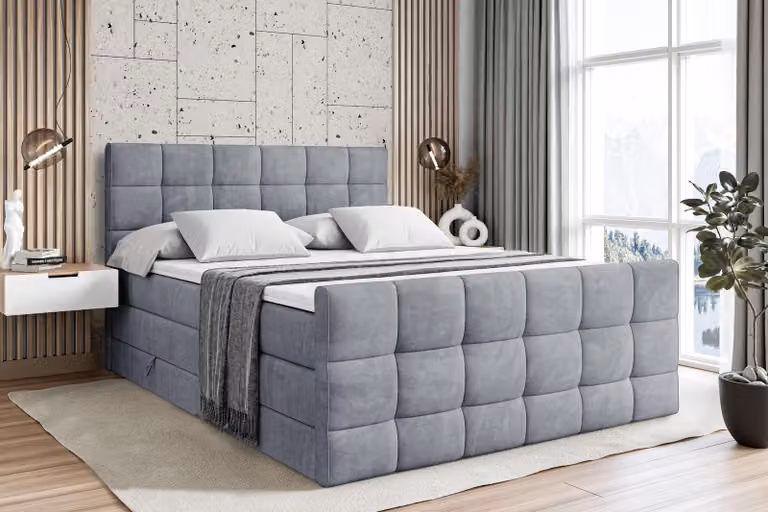 Letto boxspring ALTDECOR con materasso e rete a doghe - APO -Z KING - 200x200 cm - Grigio velluto - Coprimaterasso, pediera, letto imbottito con contenitore, letto con vano portaoggetti H3 e H4 - Materasso, letto matrimoniale, letto boxspring