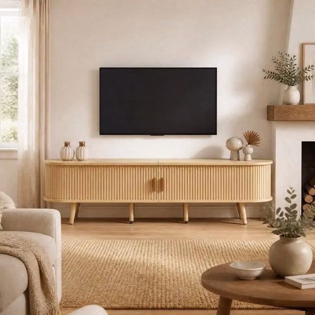 Mobile TV ovale in MDF con 2 cassetti; 2 ante scorrevoli; 170 x 40 x 42 cm; rovere