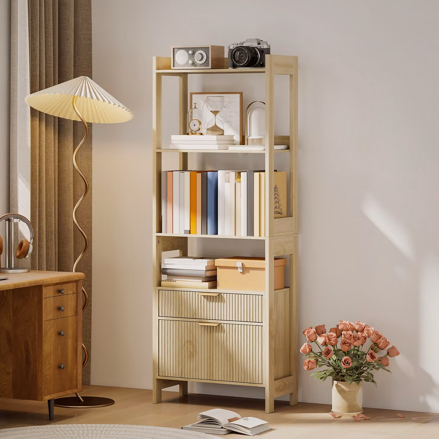 Libreria alta HOMCOM con 4 ripiani aperti e 2 cassetti scanalati, mobile contenitore in legno naturale, L: 60 cm, P: 30 cm, H: 160 cm – 2