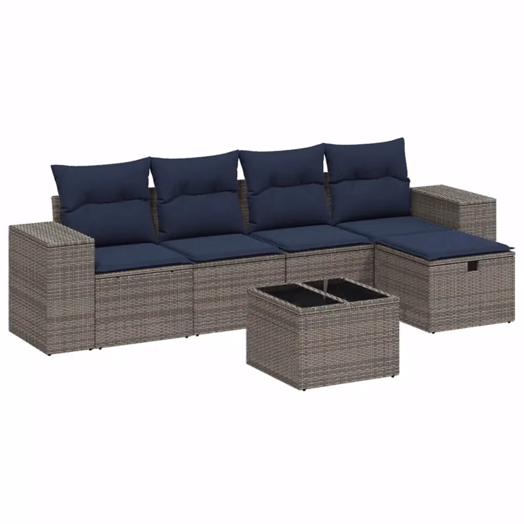 vidaXL Set Divano da Giardino a L 6 pz con Cuscini Blu e Grigio in Polyrattan e Acciaio Verniciato a Polvere – 2