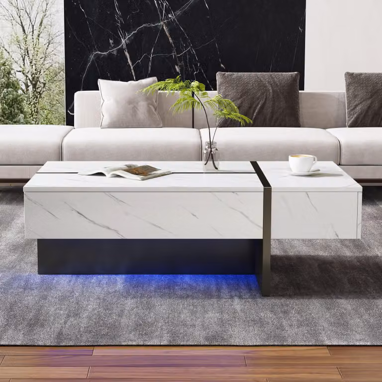 Tavolino da salotto, dimensioni 105 x 60 x 35 cm, realizzato in pannello di particelle al 100%, colore bianco, dotato di 3 cassetti, illuminazione LED e piano superiore lucido con motivo marmorizzato