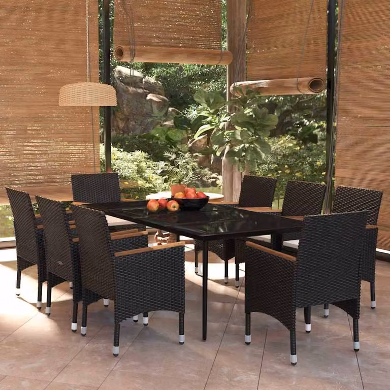 Set da Pranzo da Giardino vidaXL in Polyrattan Nero con Cuscini e Tavolo in Vetro e Legno di Acacia, 9 Pezzi
