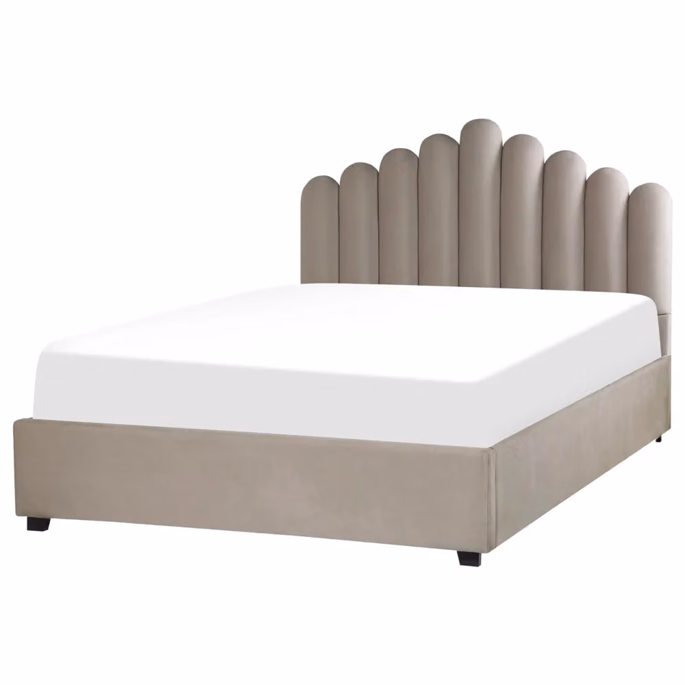 Letto contenitore matrimoniale Beliani con rete a doghe e testiera a conchiglia in velluto tortora L/P/H: 160 x 200 x 125 cm – 2