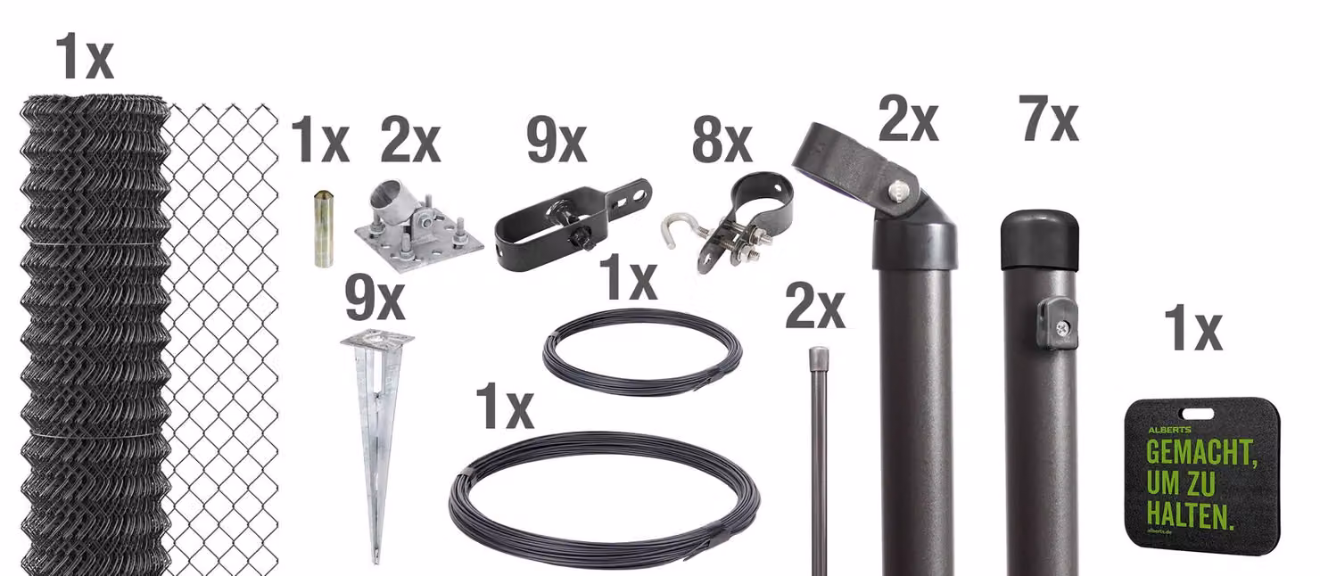 Recinzione in rete metallica Alberts 631031, set completo, con manicotti da infilare nel terreno e cuscinetti di appoggio, color antracite metallizzato, altezza 200 cm, lunghezza 15 m