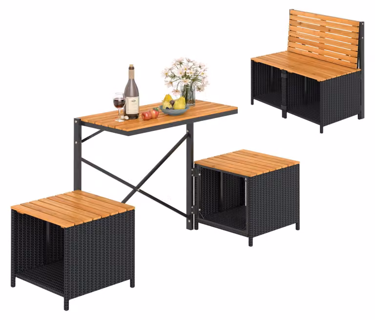 Set di mobili da giardino KOMFOTTEU in rattan, 2 in 1: tavolo da picnic e panca da giardino, mobili trasformabili per balcone con struttura in metallo e spazio contenitivo, set di sedute per esterni, gruppo di sedute per giardino, terrazza e balcone