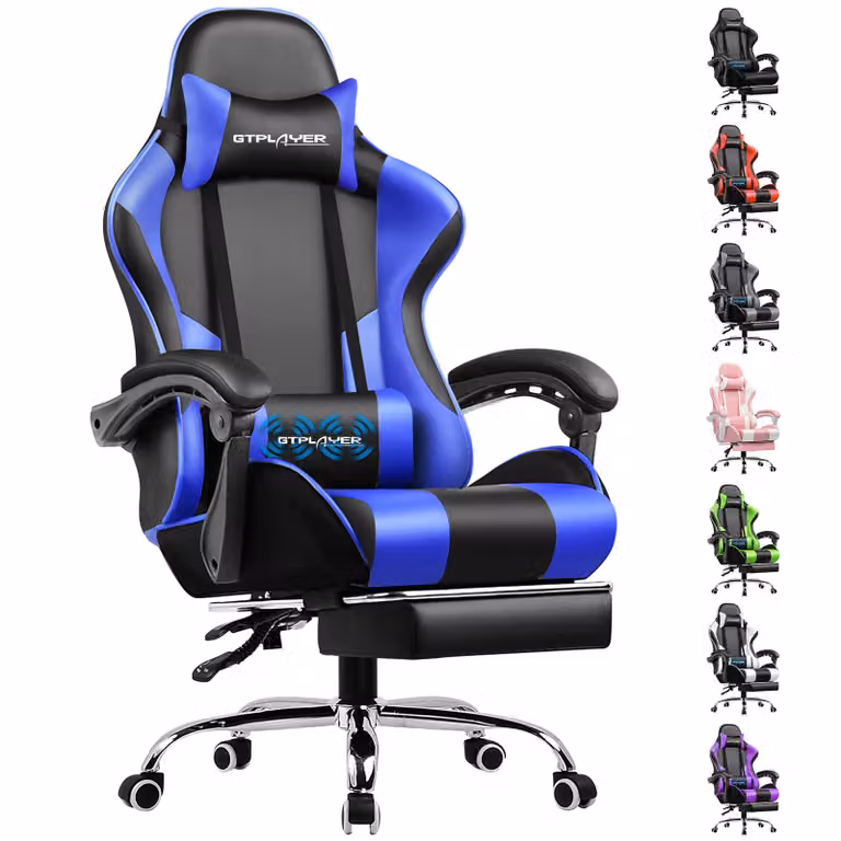 GTPLAYER Sedia da gioco con poggiapiedi e cuscino lombare massaggiante Sedia da ufficio Sedia da gioco Sedia da gioco ergonomica con braccioli di collegamento, caricabile fino a 150 kg BLU